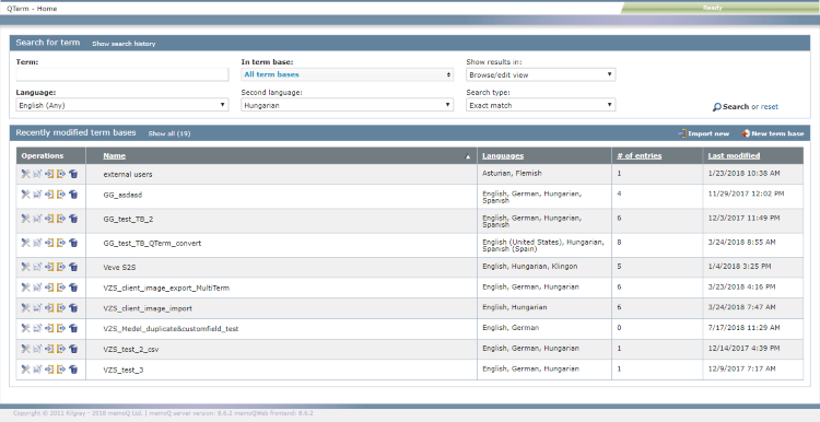 Qterm home page showing all the possible filters and recently used term bases.
