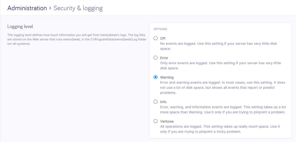 Security and logging window showing Logging level and account Lockout sections with available options.