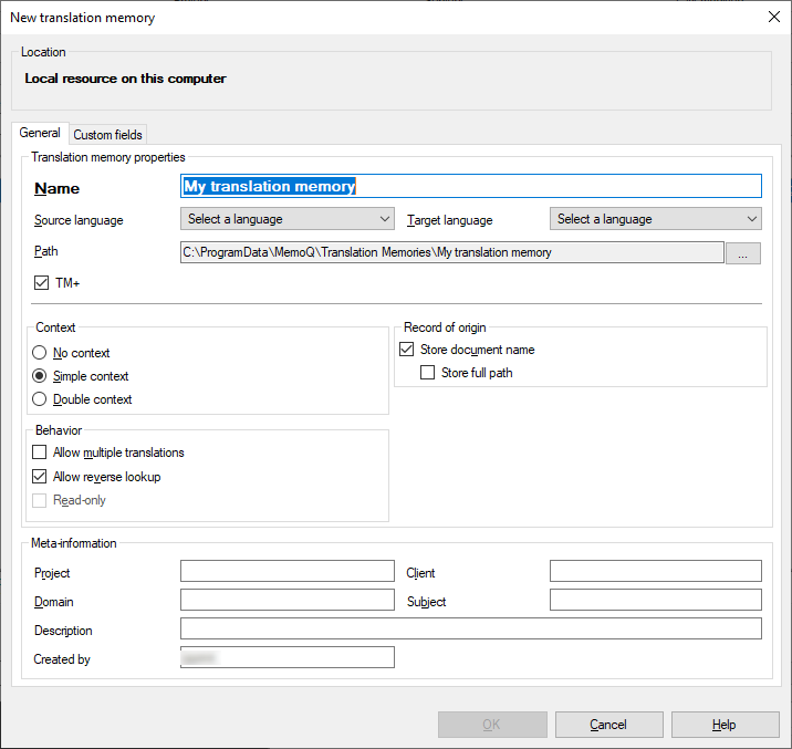New translation memory window showing the Location and General tab open with all its options: Translation memory properties, content, record of origin, behavior, optimization, and meta-information. At the bottom are three buttons: OK, Cancel, and Help.