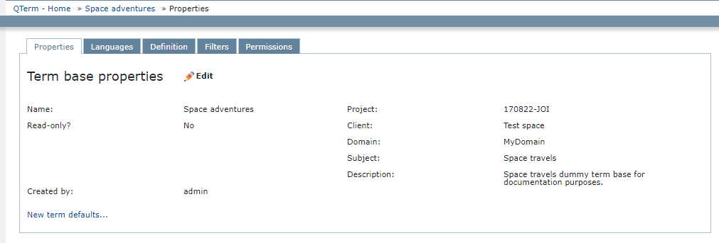 Vous pouvez modifier ici les informations de base concernant la base terminologique telles que le nom, le client, le domaine, le sujet et les paramètres par défaut.