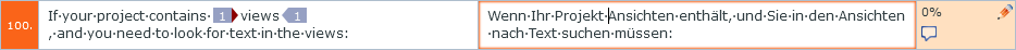 Ausgangs- und Zielsegmente. Das Ausgangssegment zeigt Text in der Ausgangssprache und das Inline-Tag, während das Zielsegment die Übersetzung ohne das markierte Inline-Tag zeigt.