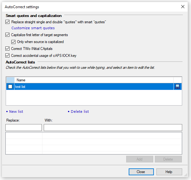 AutoCorrect settings window showing checkboxes you can use when using quotes: Replace single and double with smart quotes, capitalize the first letter of target segments, correct initial capitals, and accidental usage of capslock. Below the checkboxes, you can add a new autocorrect list or delete an existing one.