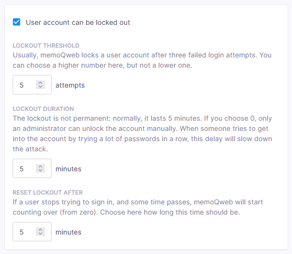 Lockout section showing available options - lockout threshold, lockout duration, and reset lockout after. At the bottom, there is the Save button.