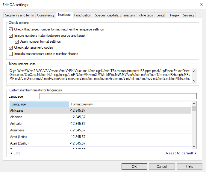 Tab showing options to verify numbers, combinations of letters and numbers, and number formats for different languages.