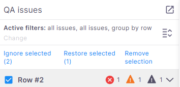 QA issues panel in a translation tool showing active filters and issue actions. Row #2 is selected with icons indicating one error (red circle), one warning (orange triangle), and one information issue (gray triangle). Options include Ignore selected, Restore selected, and Remove selection.