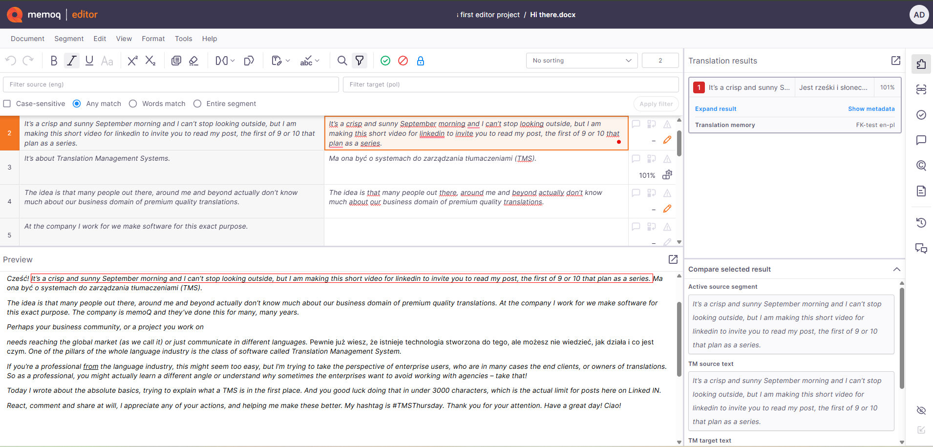 The full display of the new memoQ editor window.