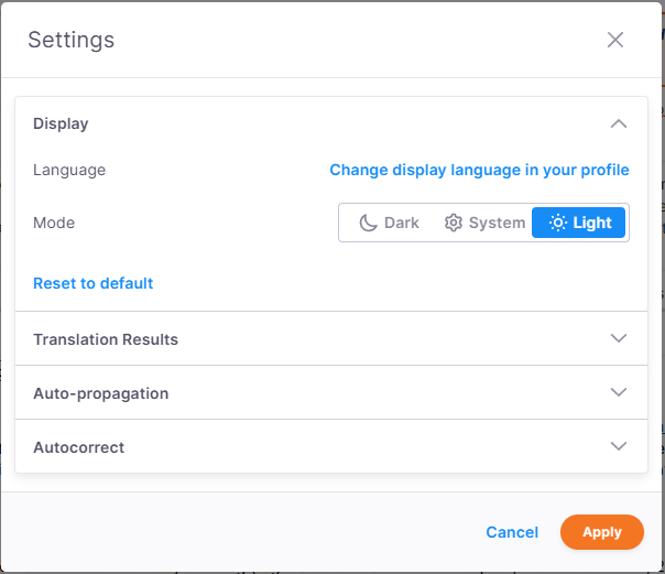 memoQ editor Settings dialog showing options for display preferences: language (with a link to change it in the profile), mode (Dark, System, Light—Light is selected), and a Reset to default button. There are expandable sections for Translation Results, Auto-propagation, and Autocorrect. At the bottom, there are Cancel and Apply buttons.