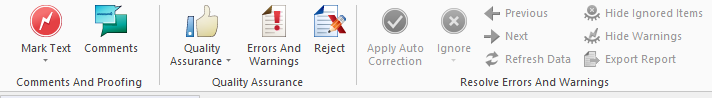 The left side of the translation ribbon showing Comments and proofing options (mark text, comments), Quality assurance options (quality assurance, errors and warnings, reject), and Resolve errors and warnings options (apply auto correction, ignore, previous, next, refresh data, hide ignored items, hide warnings, export report). 