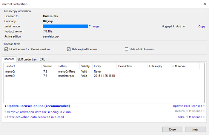 Onglet Licences de la fenêtre de dialogue d’activation