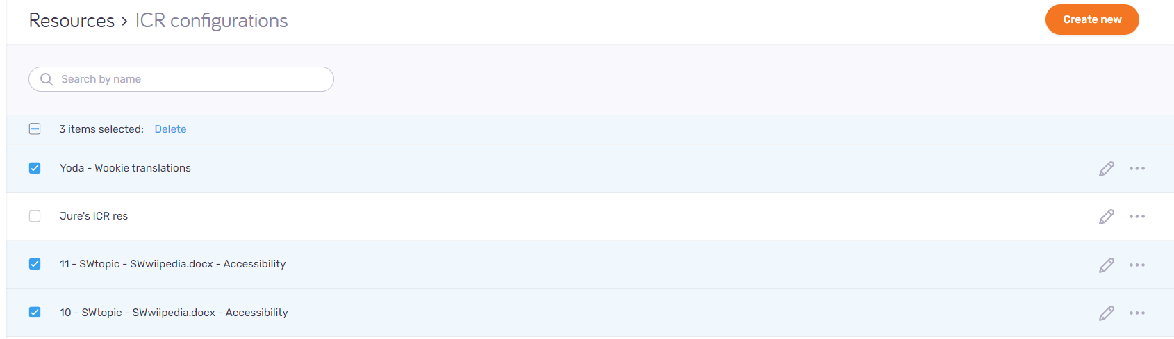 Page de configuration ICR. Dans le coin supérieur droit, il y a le bouton Créer un nouveau. À gauche, il y a la barre de recherche, sous la barre de recherche, il y a la liste des configurations. Trois configurations sont sélectionnées. À côté du nombre de configurations, il y a le lien Supprimer.