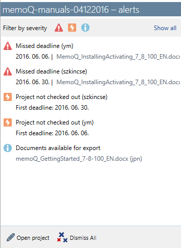 Fenêtre d’alerte pour un projet