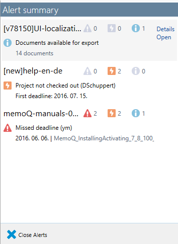 Fenêtre d’alerte pour plusieurs projets