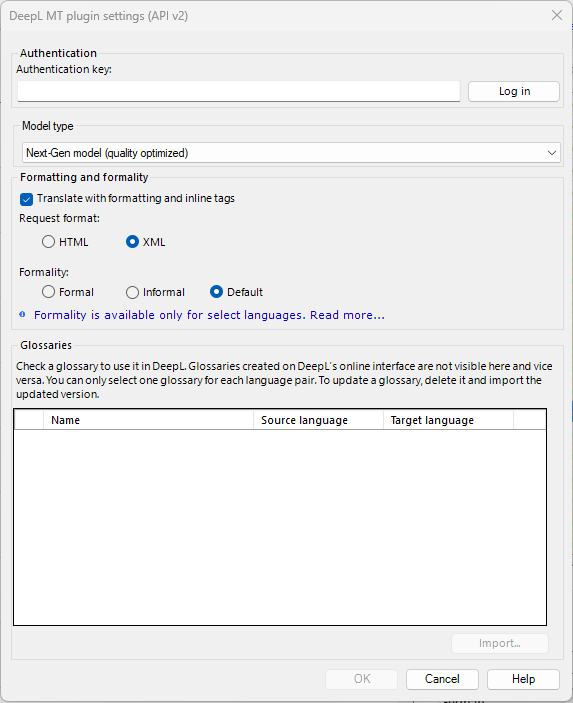 Fenêtre contextuelle DeepL pour insérer la clé d’authentification, choisir le type de mode, la forme, la mise en forme et les options de glossaire.