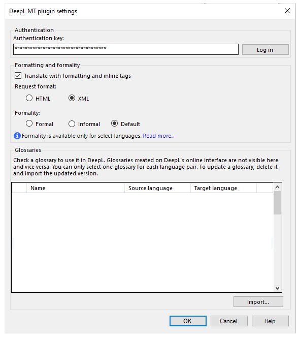 Fenêtre contextuelle DeepL pour insérer la clé d’authentification, choisir les options de formalité, de mise en forme et de glossaire.