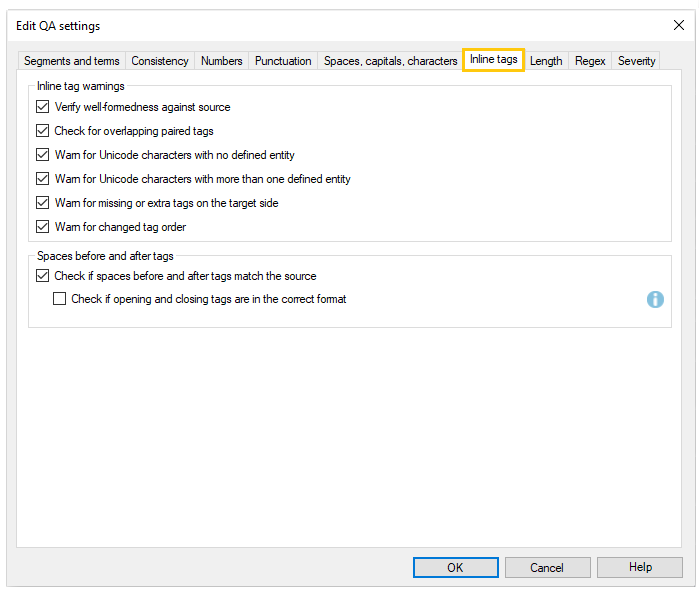 Onglet affichant des avertissements de balises en ligne et des espaces de balises avant et après les options de balises. 