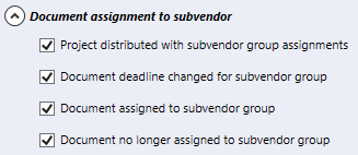 Partie de la section des notifications par courriel de l’onglet Communication. La section s’appelle Attribution de documents au sous-traitant. Ci-dessous, il y a quatre cases à cocher à choisir: 1. Projet distribué avec des attributions de groupe de sous-traitance, 2. Date limite de document modifiée pour le groupe de sous-traitance, 3. Document attribué au groupe de sous-traitance, 4. Document n’est plus attribué au groupe de sous-traitance.