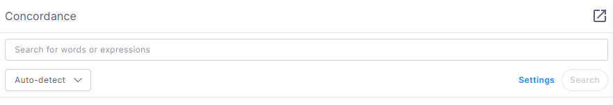 Panneau de concordance vide dans l’éditeur memoQ affichant un champ de saisie de recherche étiqueté Rechercher des mots ou des expressions en haut, un menu déroulant de détection automatique de la langue en dessous à gauche, et des boutons de recherche et de paramètres inactifs à droite.