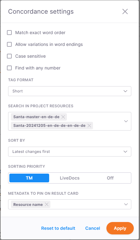 La fenêtre des paramètres de concordance dans memoQ contient des cases à cocher pour le raffinement de recherche (par exemple, Correspondre à l’ordre exact des mots, Sensible à la casse), le menu déroulant pour le format de balise, et une liste de ressources de projet montrant les MT et les bases LiveDocs sélectionnées. Les options de tri incluent Trier par et Priorité de tri (MT, Bases LiveDocs, Désactivé). En bas, il y a des boutons pour appliquer, réinitialiser ou annuler les modifications.