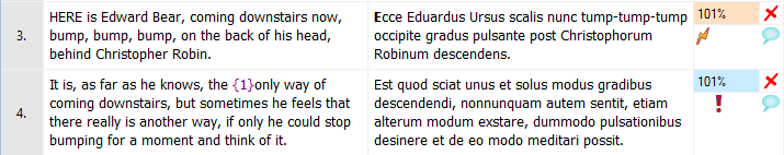 Deux segments de l’éditeur de traduction montrant la langue source et la langue cible. Sur le côté droit de la langue cible, il y a des pourcentages de correspondance, une icône d’avertissement en forme d’éclair, une icône d’erreur en forme de point d’exclamation, une icône "x" pour une traduction non confirmée, et une icône de bulle de commentaire. 