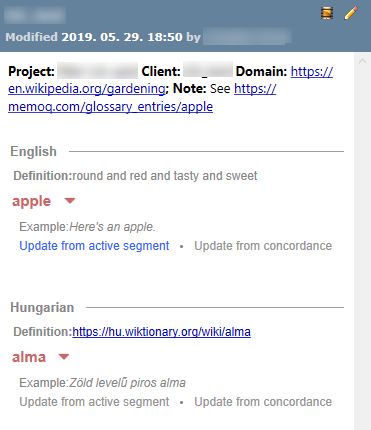 Entrées de bases terminologiques sélectionnées à partir de la liste de correspondances avec des descriptions et des exemples.