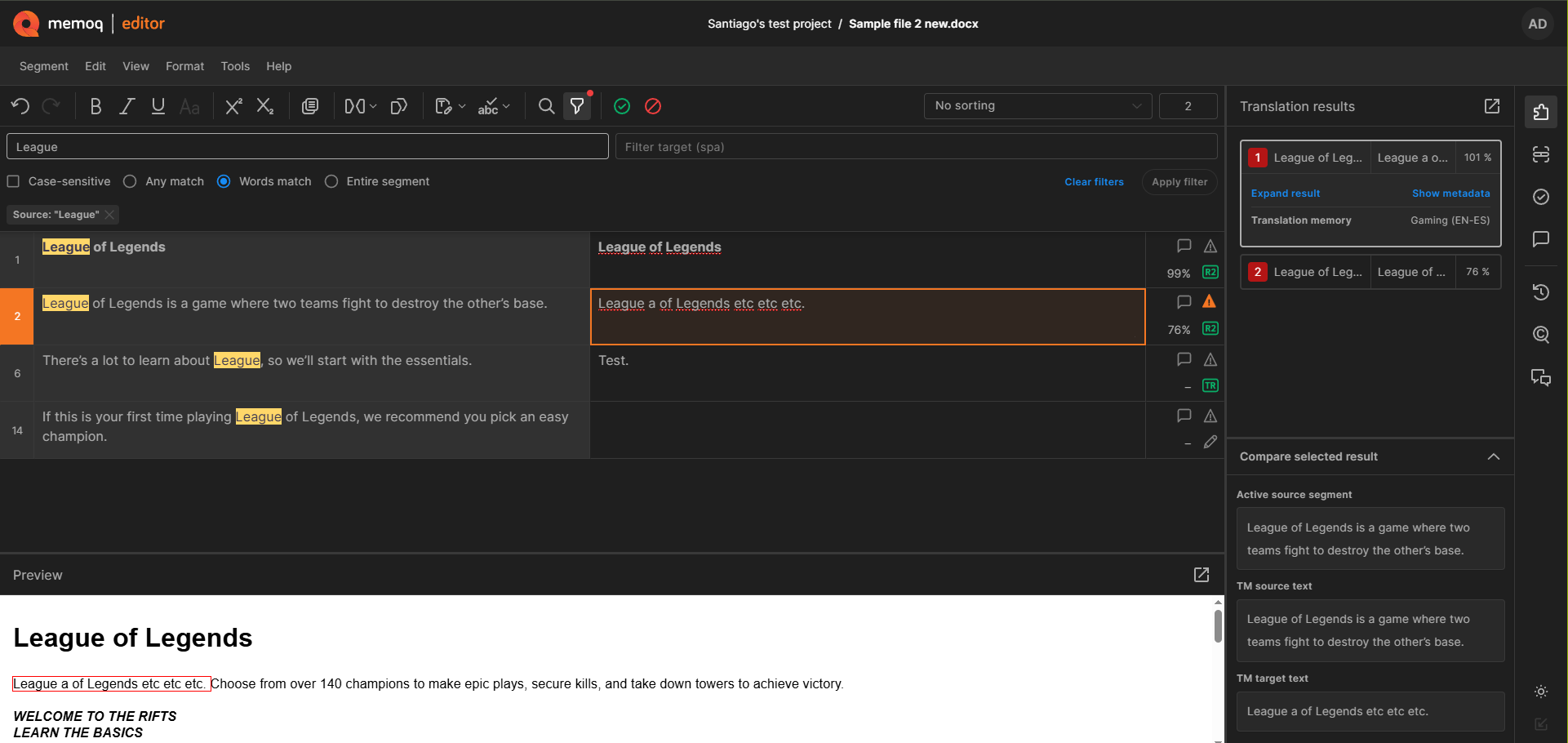 暗色モードのmemoQ editorのページ全体。