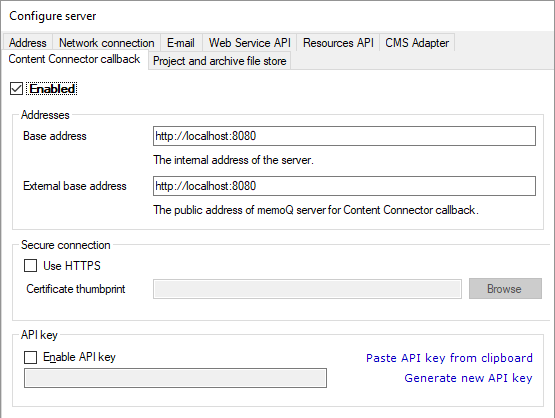 Registerkarte Content Connector-Rückruf mit aktiviertem Rückruf