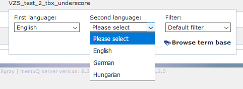 Teil des Fensters, das die Sprachauswahl für die erste Sprache und die zweite Sprache sowie die Filterauswahl anzeigt. Unterhalb der Filterauswahl befindet sich die Schaltfläche Termdatenbank durchsuchen.