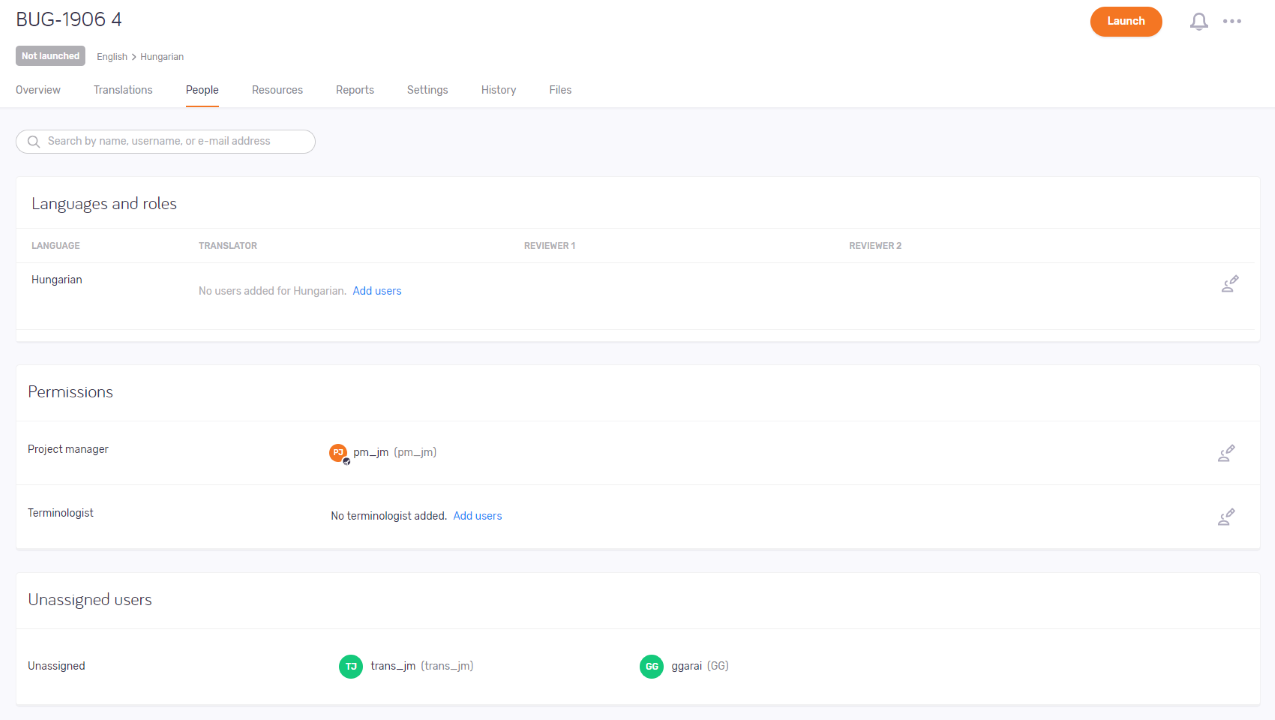 Registerkarte "Personen" mit den Abschnitten "Sprache und Rollen", "Berechtigungen" und "Nicht zugewiesene Benutzer".