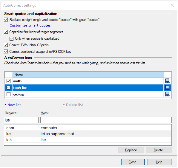 AutoCorrect settings window showing checkboxes you can use when using quotes: Replace single and double with smart quotes, capitalize the first letter of target segments, correct initial capitals, and accidental usage of capslock. Below the checkboxes, you can add a new autocorrect list or delete an existing one.
