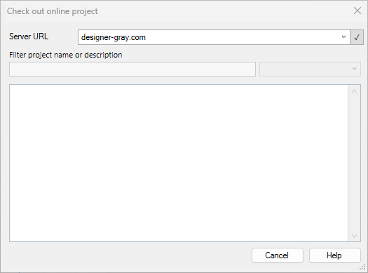 Interface showing the server URL designer-gray.com with an empty list area, indicating no available or visible projects.There are also Cancel and Help buttons at the bottom of the window.
