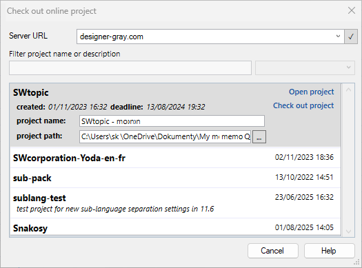 The interface displays a list of online projects from the server designer-gray.com, including project names, creation dates, and options to open or check out each project. There are also Cancel and Help buttons at the bottom of the window.