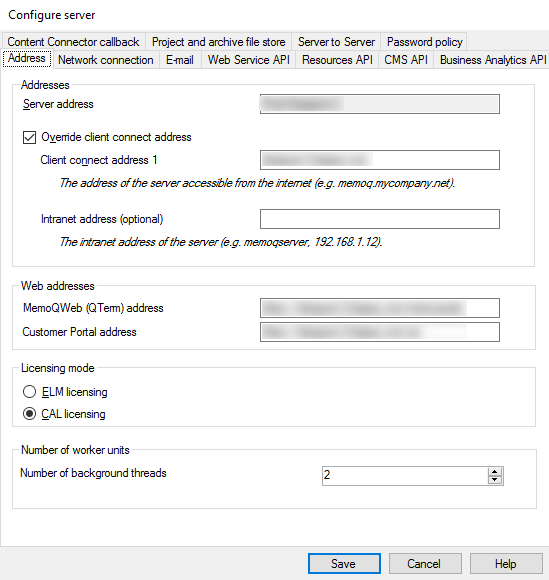 server and web addresses configuration window