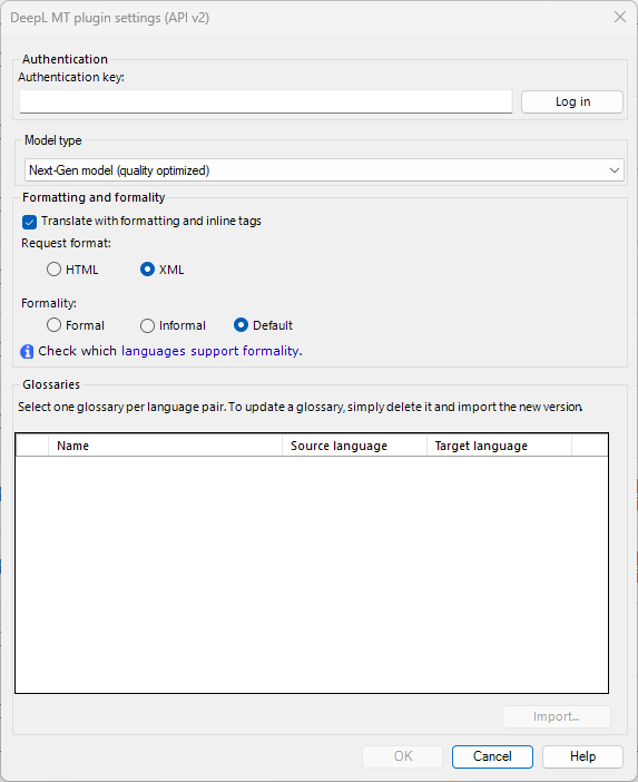 DeepL pop-up dialog to insert authentication key, choose mode type, formality, formatting, and glossaries options.