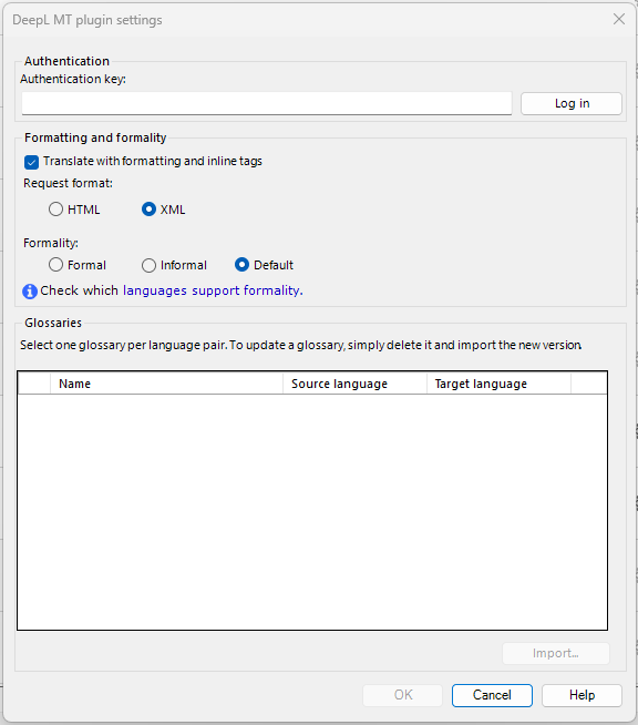 DeepL pop-up window to insert authentication key, choose formality, formatting, and glossaries options.