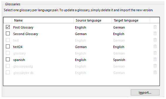 Glossaries part of DeepL plugin window showing glossaries you can use when translating with the DeepL plugin.