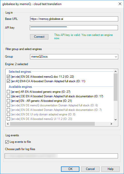 Active Globalese Cloud text translation settings window with the group and engines dropdowns, Logging options, and Path for log files visible.