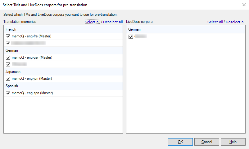 The Select TMs and LiveDocs corpora for the pre-transition window showing translation memories and LiveDocs corpora available for use. In the bottom-right corner are the OK, Cancel, and Help buttons.