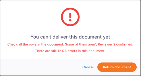 Confirmation window showing the "You can't deliver this document yet. Check all the rows in the document. Some of them aren't Reviewer 2 confirmed. There are still 12 QA errors in this document." text and below the Cancel and Return document buttons.