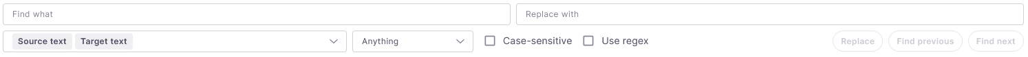 Find and replace functionality, showing two fields - find and replace with. Below those fields, there are three radio buttons - Both, Source, and Target, and two checkboxes - case-sensitive and words match. Next to them are the Replace, Find previous, and Find next buttons.