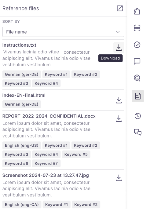 Reference files panel displaying a list of documents sorted by file name, including Instructions.txt, index-EN-final.html, REPORT-2022-2024-CONFIDENTIAL.docx, and Screenshot 2024-07-23 at 13.27.47.jpg. Each file entry includes sample text, language tags like German (ger-DE) and English (eng-US, eng-CA), multiple keyword tags, and download icons on the right.