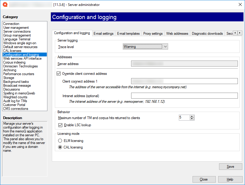 Server administrator window showing the configuration and logging tab open.