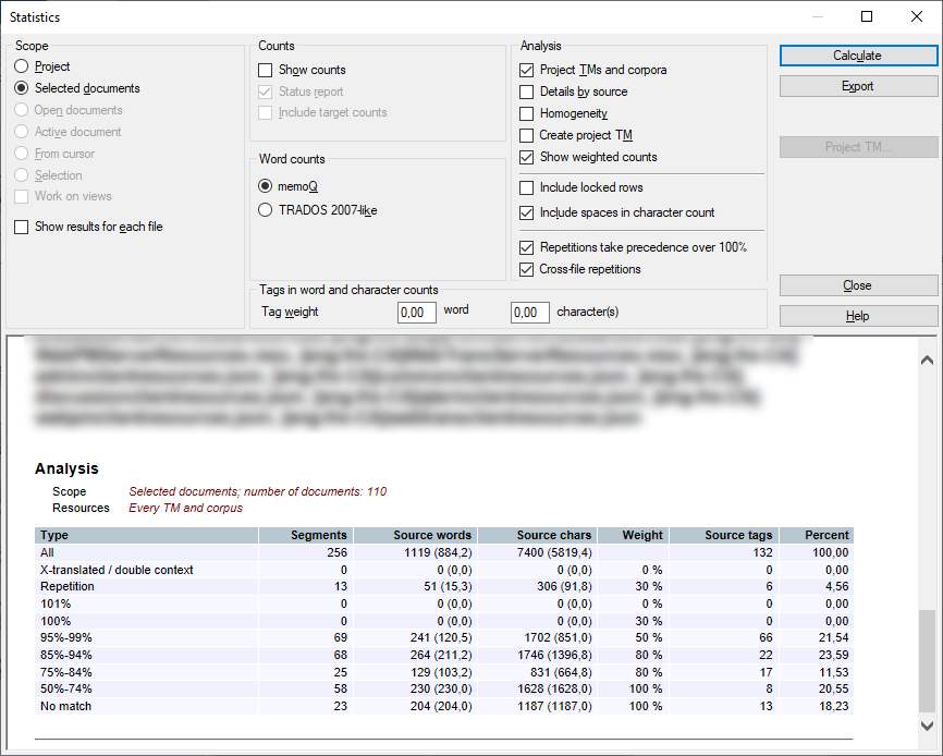 memoQ Statistics window showing options for selecting project scope, word count style, and analysis settings. The window includes radio buttons for choosing between memoQ and Trados 2007-like word counts, checkboxes for settings like Show weighted counts and Include spaces in character count, and a Calculate button to run the analysis. There are also input fields for tag weights and options to analyze selected documents or the whole project. At the bottom of the window you can see your analysis report.