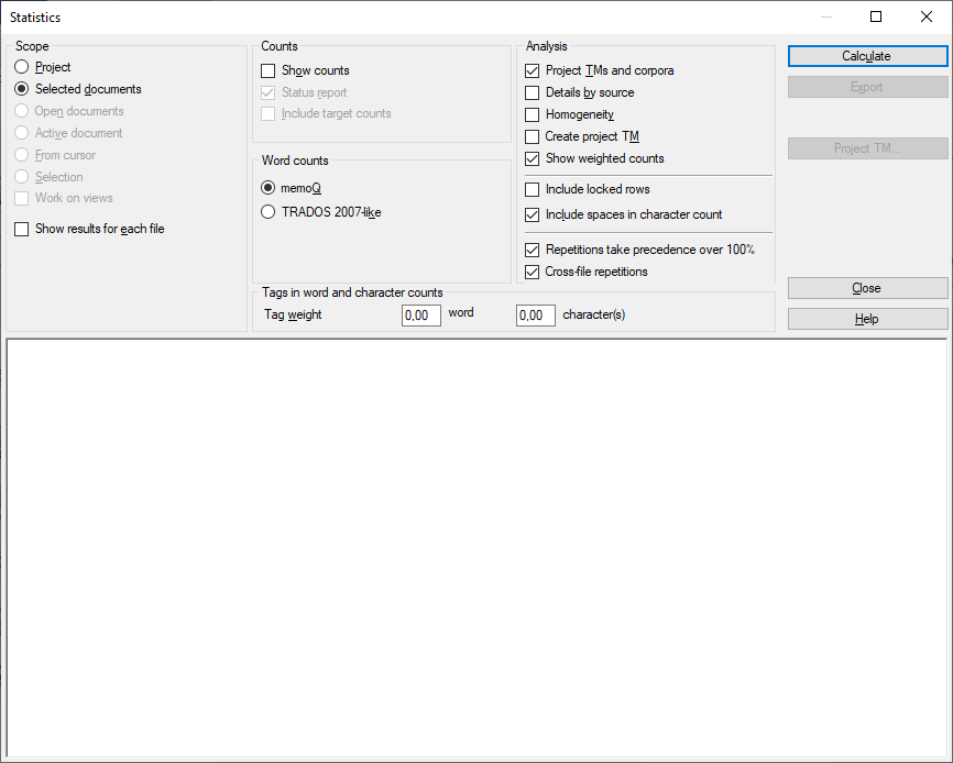 memoQ Statistics window showing options for selecting project scope, word count style, and analysis settings. The window includes radio buttons for choosing between memoQ and Trados 2007-like word counts, checkboxes for settings like Show weighted counts and Include spaces in character count, and a Calculate button to run the analysis. There are also input fields for tag weights and options to analyze selected documents or the whole project.