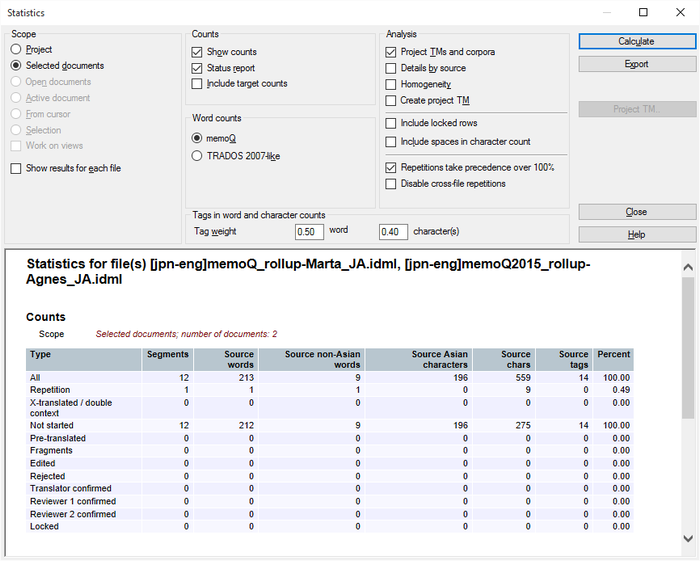 memoQ Statistics window showing options for selecting project scope, word count style, and analysis settings. The window includes radio buttons for choosing between memoQ and Trados 2007-like word counts, checkboxes for settings like Show weighted counts and Include spaces in character count, and a Calculate button to run the analysis. There are also input fields for tag weights and options to analyze selected documents or the whole project. At the bottom of the window you can see your analysis report.