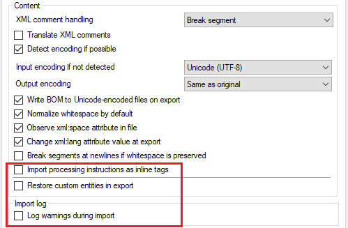 Content subsection showing import processing instructions as inline tags and restore custom entities in export checkboxes, as well as Import log section with log warnings during import checkbox.