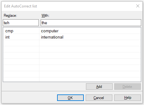 Modifier la fenêtre de la Liste de correction automatique avec la liste de mots et le bouton Ajouter visibles.