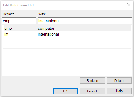 Modifier la fenêtre de la liste de correction automatique avec la liste de mots et le bouton Remplacer visibles.