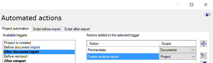Partie de la fenêtre Actions automatisées montrant les onglets disponibles - Automatisation du projet, script avant importation, et script après exportation.