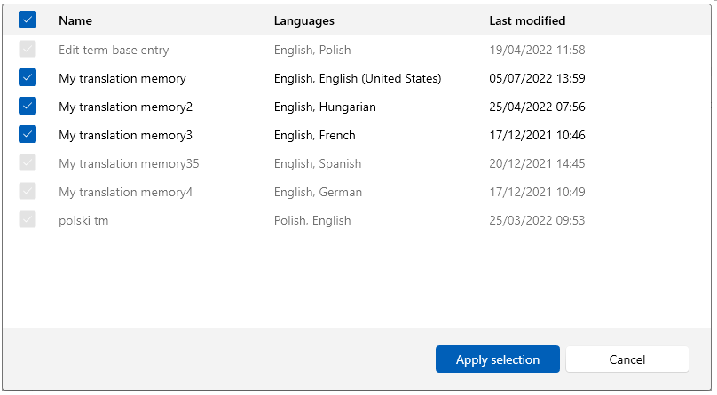 Fenêtre de personnalisation affichant toutes les mémoires de traduction disponibles, leurs langues, ainsi que les dates et heures de leur dernière modification. Au bas de la fenêtre, il y a des boutons sélection automatique et des boutons Annuler.