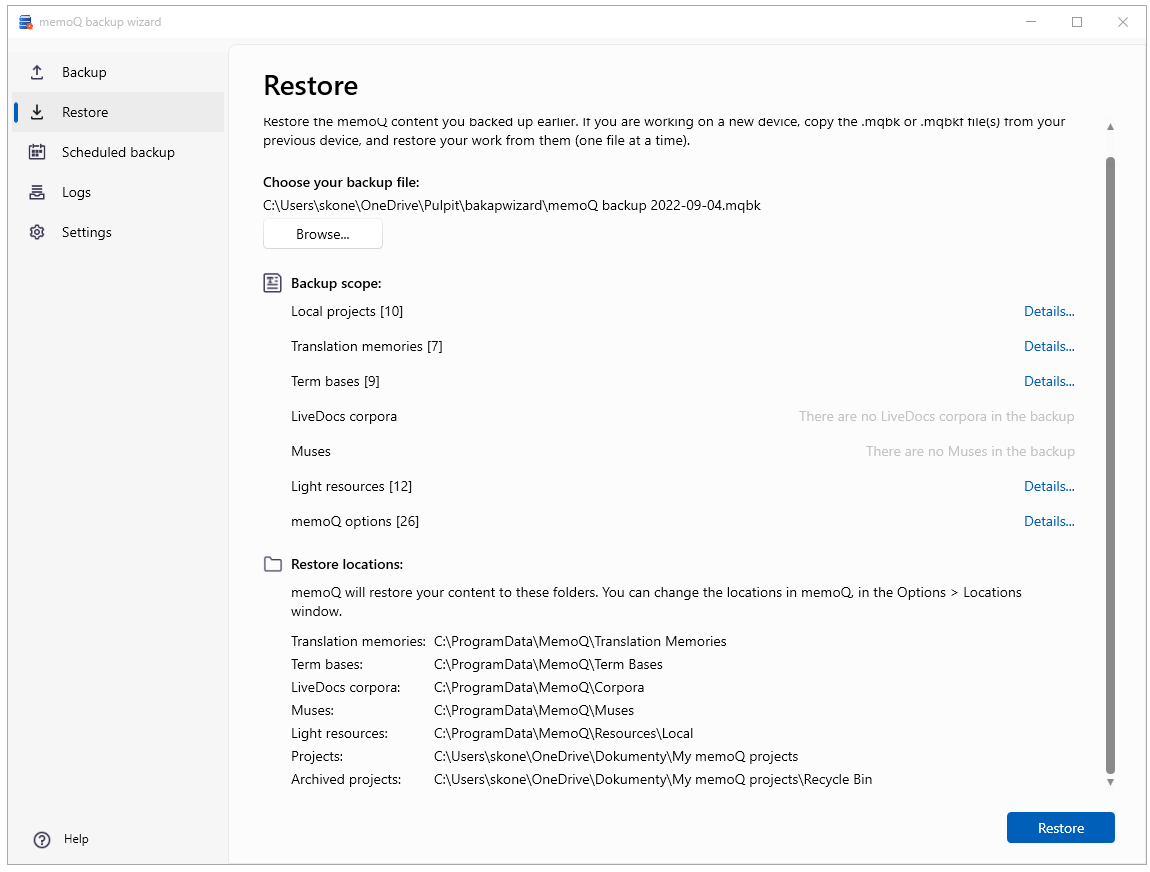 Fenêtre de l’Assistant de sauvegarde de memoQ affichant le volet Restaurer avec des données sur le contenu sauvegardé: projets locaux, mémoires de traduction, bases terminologiques, bases LiveDocs, Muses, ressources légères, options de memoQ à droite, et boutons des détails à gauche. Dans le coin inférieur droit, se trouve le bouton Restaurer, et dans le coin inférieur gauche, il y a un lien vers la documentation pour cette page.